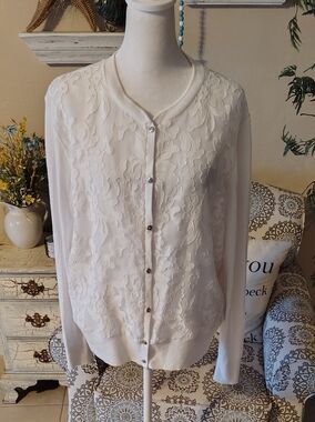 Ted Baker Cream Knit And Lace Button-Up Cardigan